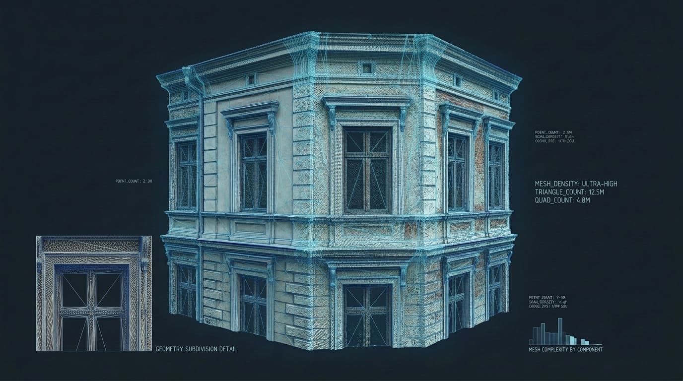 3D-mesh fotogrammetri av byggnadsdetalj – punktmoln och geometrianalys